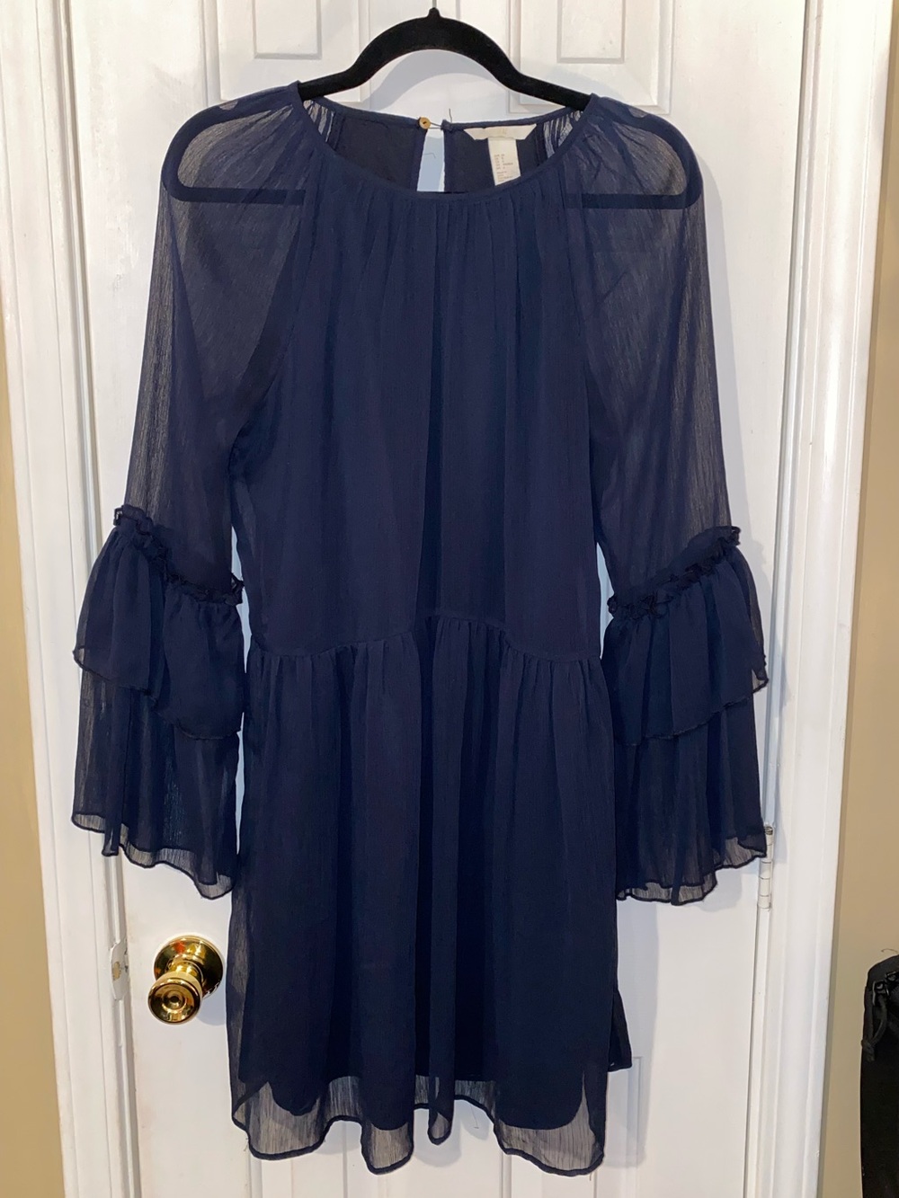 H&M navy ruffle sheer sleeve dress